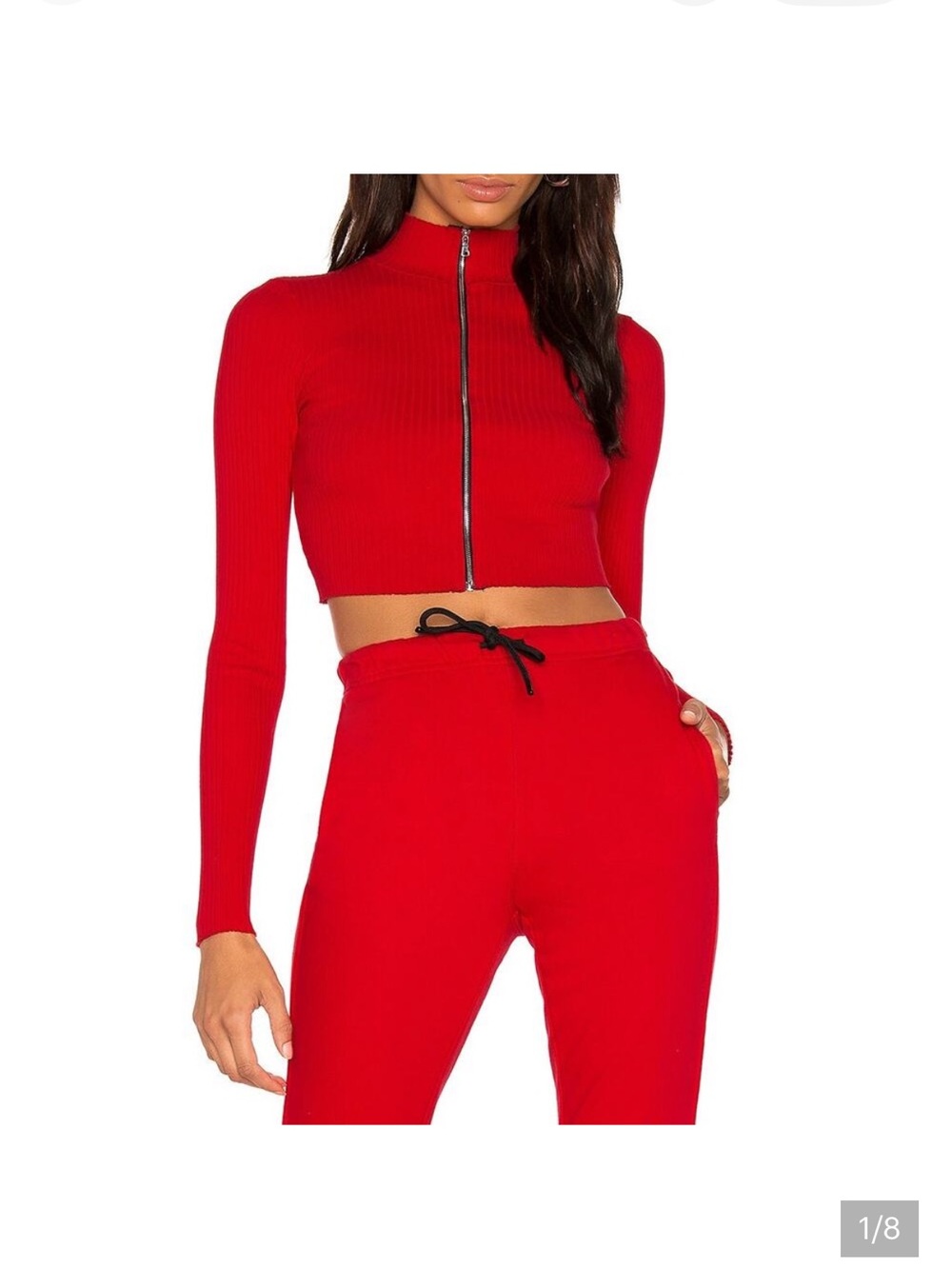 Cotton Citizen Red Ribbed Zip-Front Crop Top
